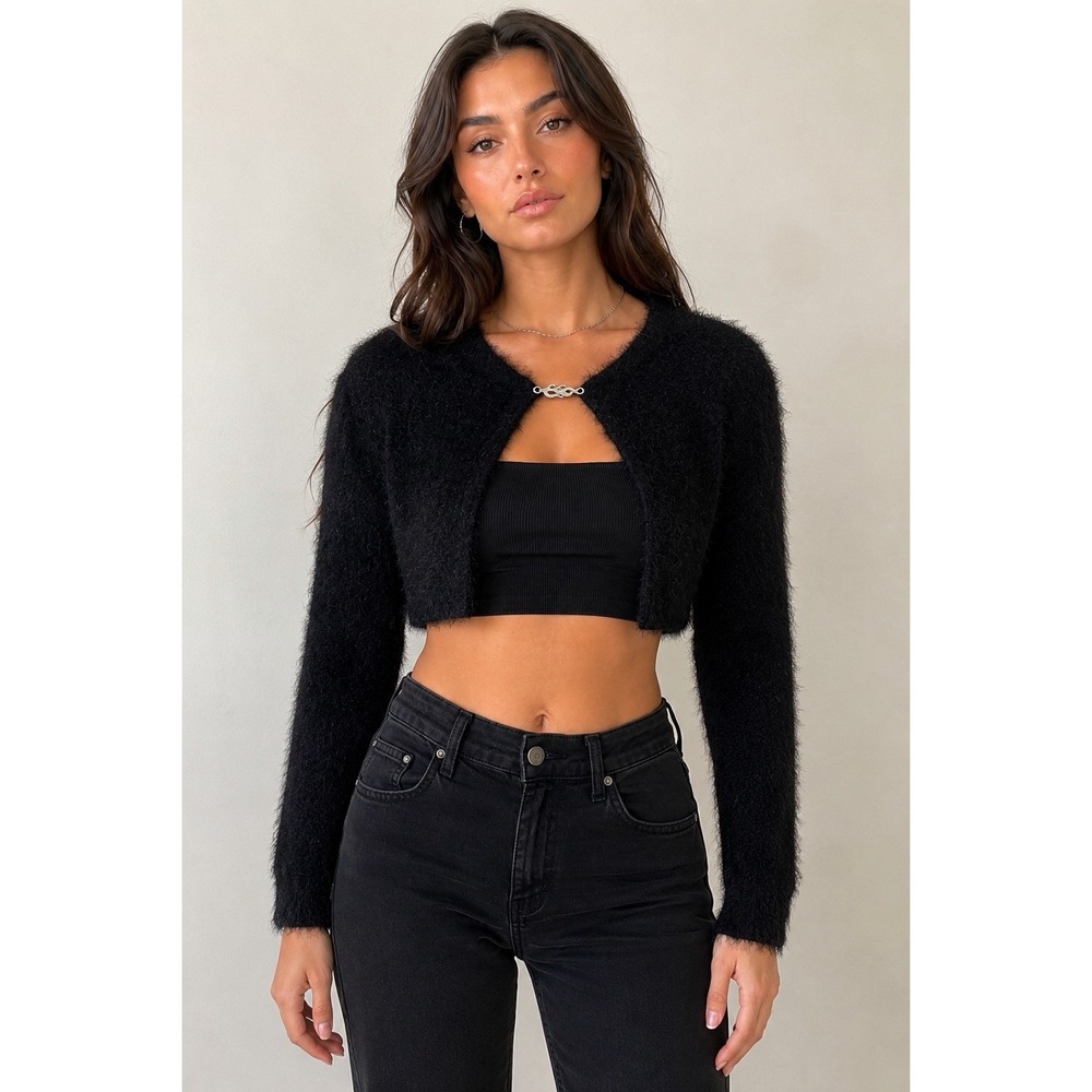 Fabletics Mini Crop Cardigan Women's L Black Fuzzy Eyelash Knit Flame Clasp